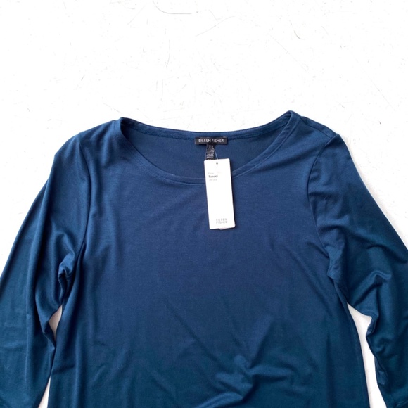 Eileen Fisher Fine Tercel Jersey Storm Blue Roundneck Knee Length Dress Large L - Picture 2 of 3